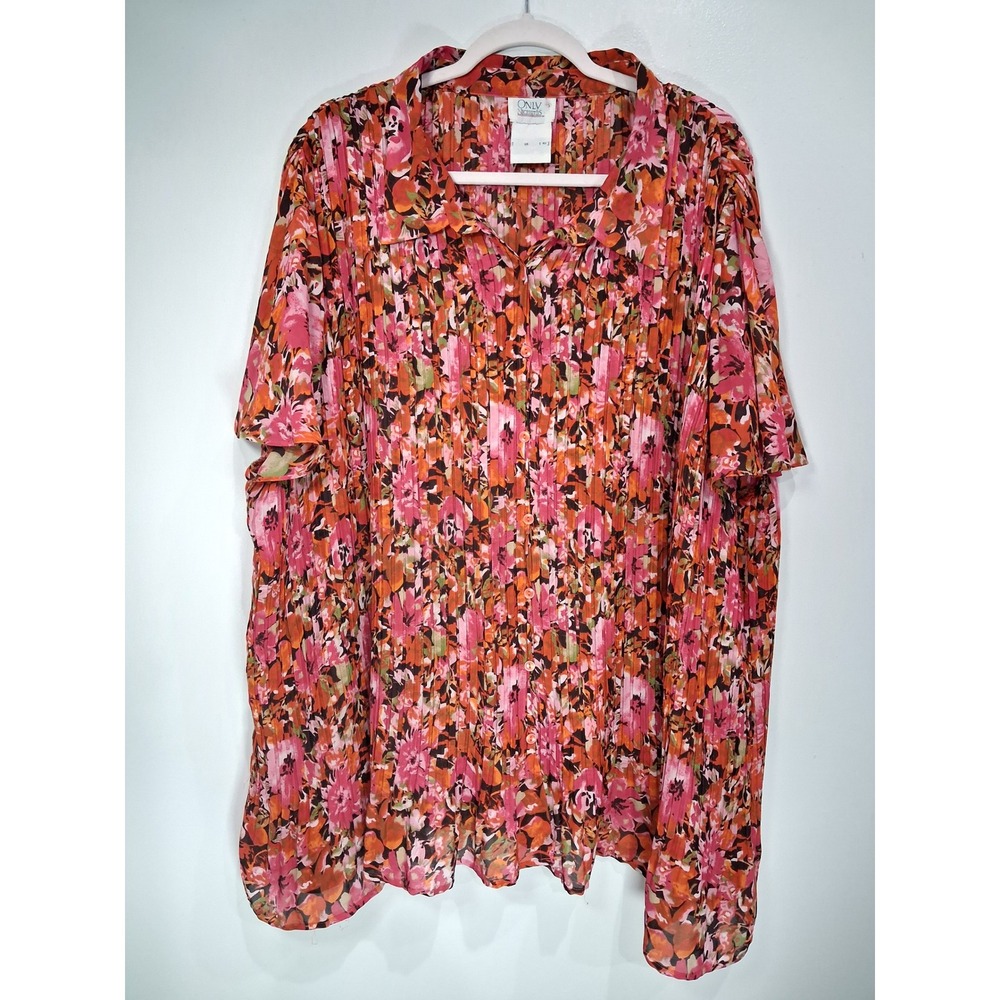 Only Necessities Pink Orange Floral Pleated Button Front Blouse Women 4X Plus